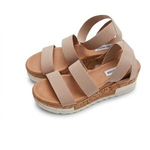 Steve Madden Nude Elastic Strap Cork-Platform Sandals